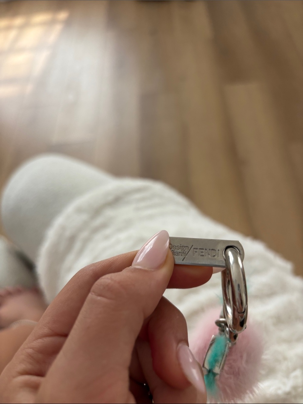 Fendi Pink and Teal Fur Pom-Pom Key Charm with Silver Hardware - Picture 2 of 3
